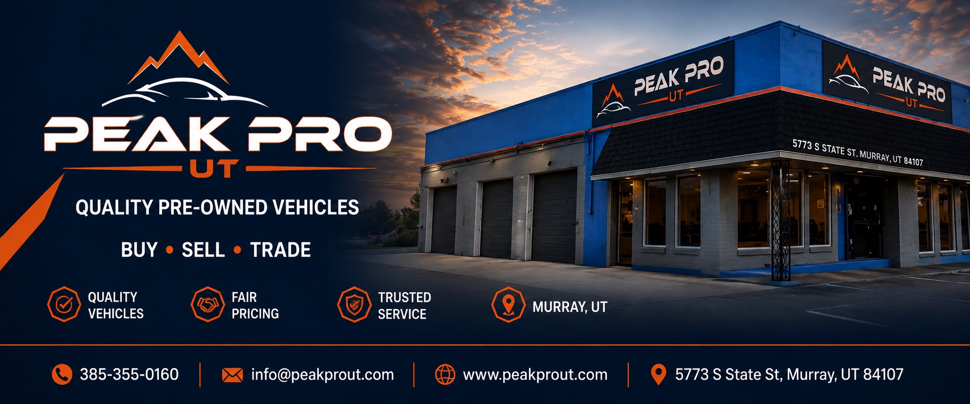Peak Pro UT dealership at 5773 S State St, Murray, Utah: quality pre-owned vehicles. Buy, sell, trade.